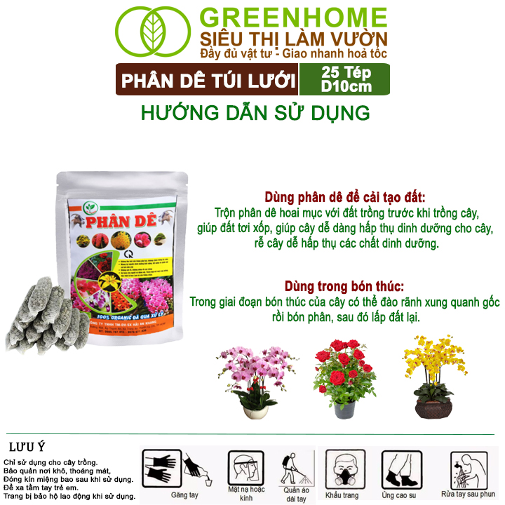 Phân Dê Trồng Lan Greenhome, 25 Túi Lưới Dài 10cm, Đã Qua Xử Lý, Không Mùi, Kích Rễ Phong Lan, Hoa Đậm Màu Lâu Tàn