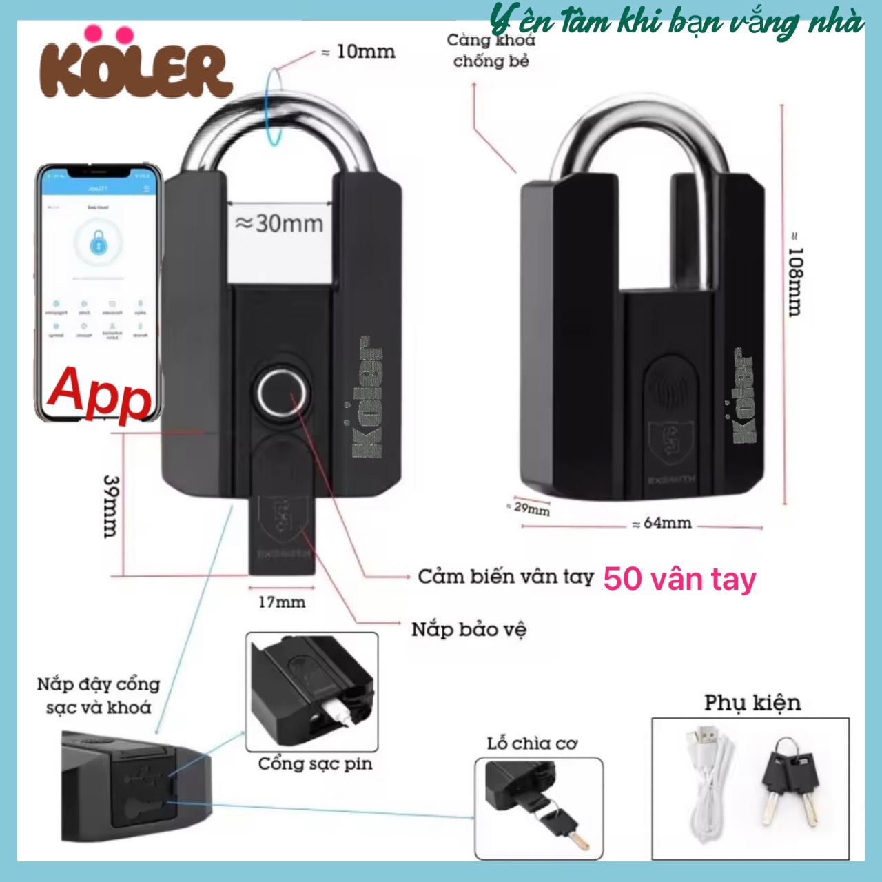 Khóa Móc Vân Tay Chống Cắt KOLER. Mở Bằng APP, Vân Tay Và Chìa Cơ. Tiện Lợi Chống Nước.