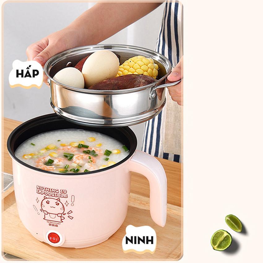 Nồi Lẩu Mini Siêu Tốc Đa Năng Tặng Kèm Bộ Bát Đũa Thìa Nhựa Lúa Mạch, Ca Lẩu Điện Tiện Dụng Lõi Chống Dính, Khay Hấp Có Thể Xào Nấu, Lẩu 1 Người - Giao Màu Ngẫu Nhiên - Hàng Loại 1