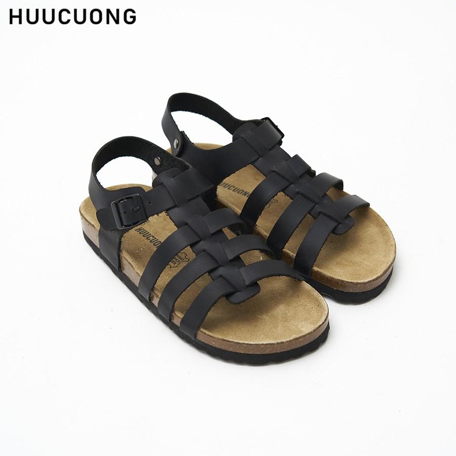 Sandal Unisex HuuCuong chiến binh da bò đen đế trấu handmade