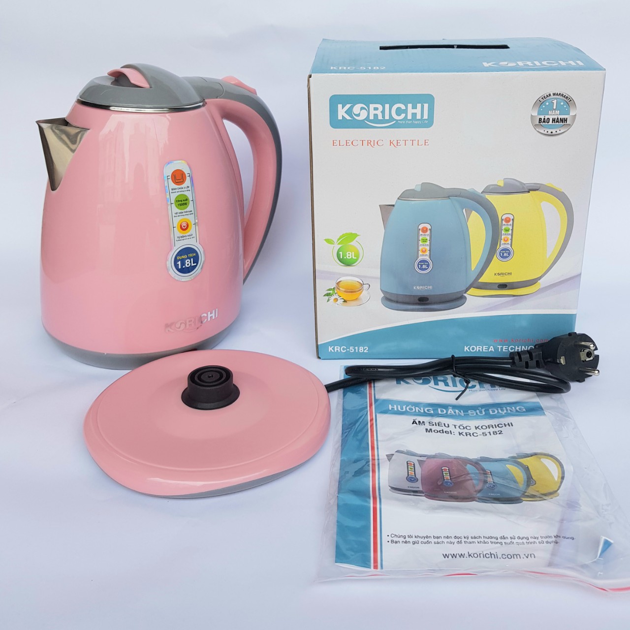 BÌNH ẤM ĐUN SIÊU TỐC 2 LỚP 1.8L, 1500W, ĐẾ XOAY 360 KORICHI KRC5182 - Hàng chính hãng - Màu ngẫu nhiên