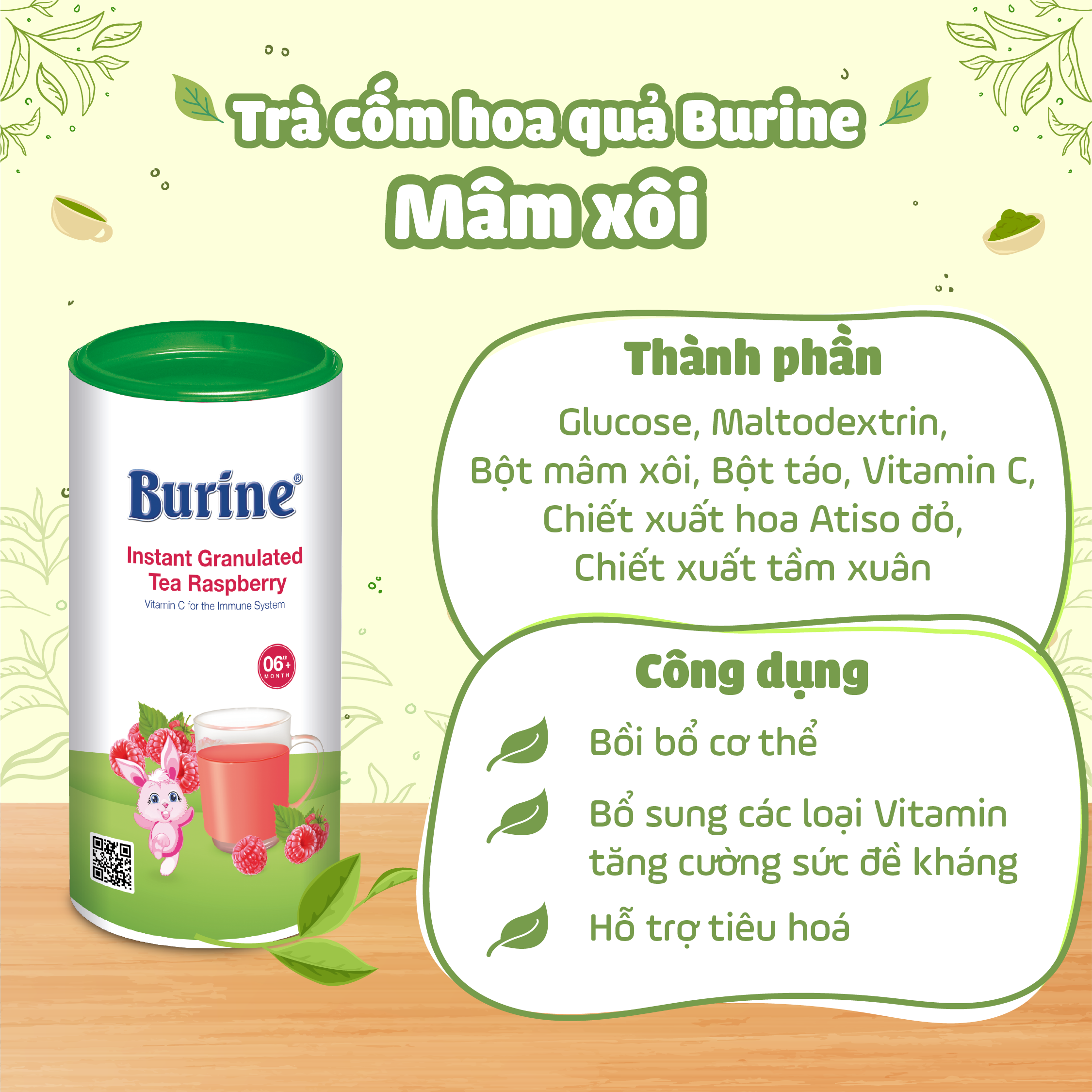 Trà cốm hoa quả Burine (HiPP) dinh dưỡng dành cho bé - Vị Mâm Xôi giúp hỗ trợ tiêu hoá, tăng cường đề kháng (Không dành cho trẻ dưới 6 tháng tuổi)