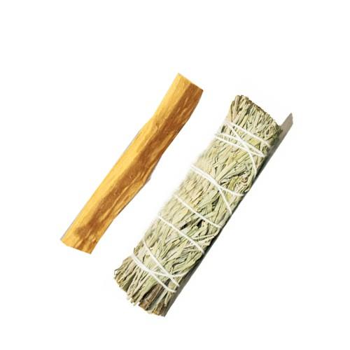 Sét 1 bó xô thơm xanh blue sage + 1 thanh gỗ trắc xanh palo santo 10cm May mắn - Tài lộc