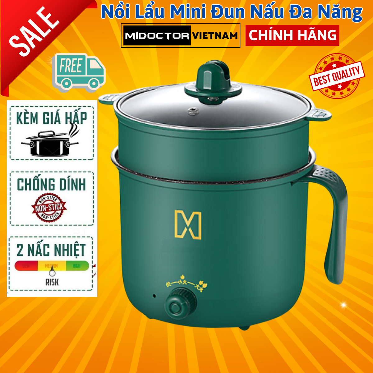 Nồi Lẩu Điện Mini, Nấu Mì 2 Tầng Kèm Giá Hấp Đa Năng Nướng, Luộc, Chiên Chống Dính Vấn Đá Tiện Lợi, Ca nấu mì Hàng Chính Hãng miDoctor