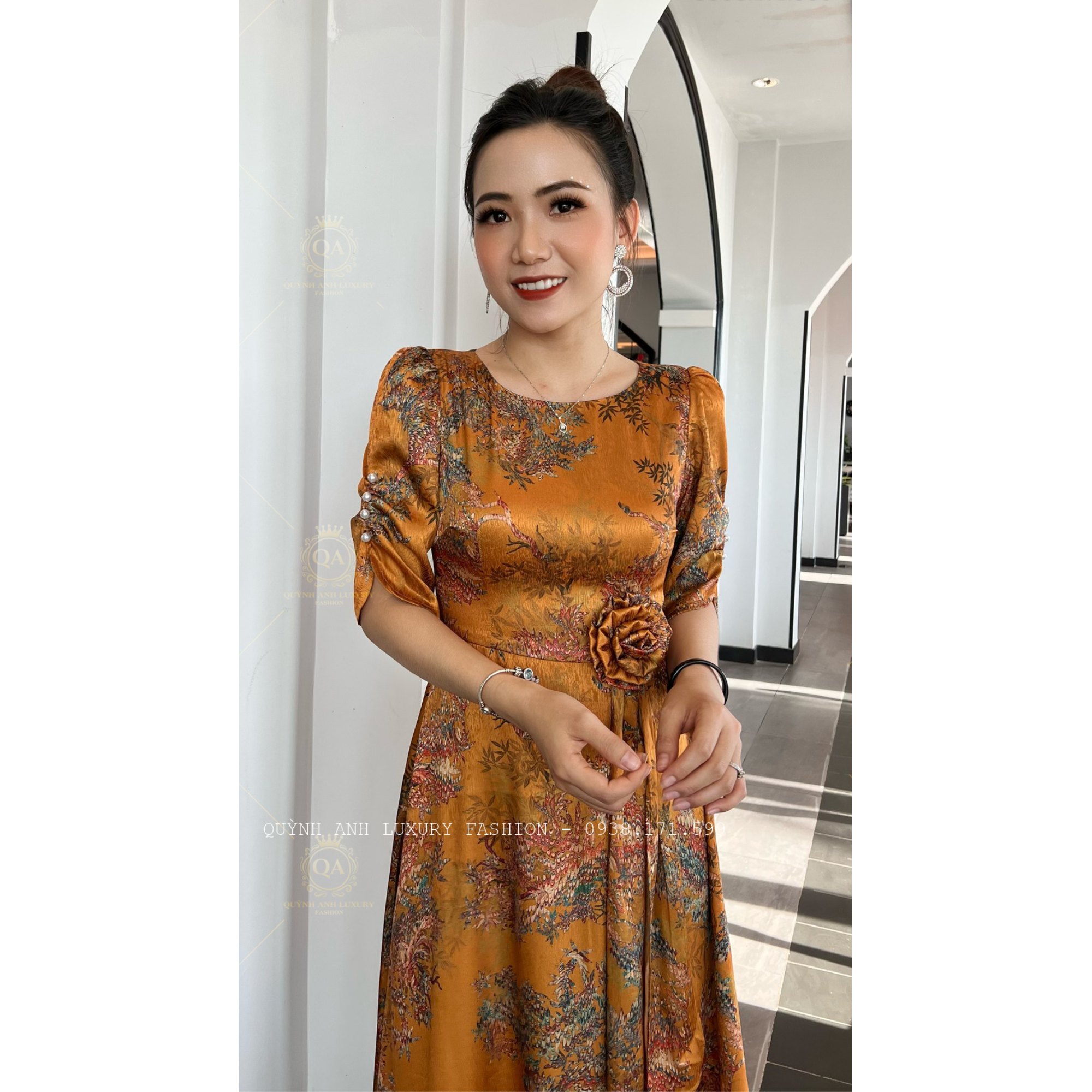 Váy Đầm Xoè Hoa Tone Vàng Đẹp Sang Trọng Cao Cấp Akina Dress