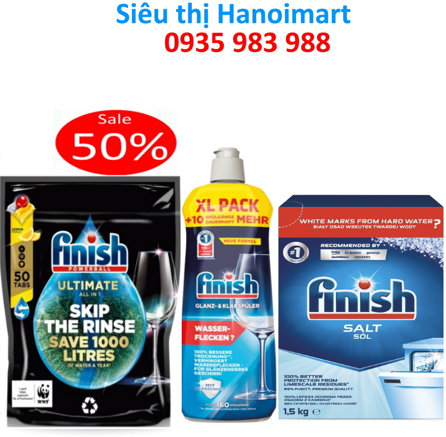 Combo Viên rửa bát Finish Quantum Ultimate 50 viên + Muối Finish làm mềm nước 1.5kg + Nước làm bóng bát Finish 800ml cho máy rửa bát