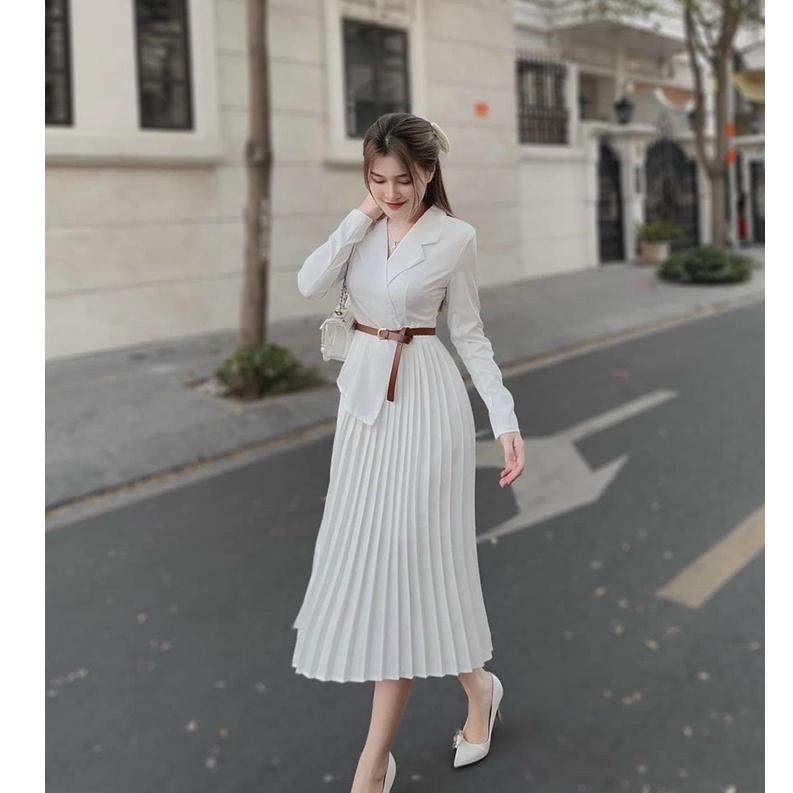 Sét đầm váy nữ áo kiểu sơ mi tay dài mix cùng chân váy dài xếp ly thanh lịch Kgia fashion