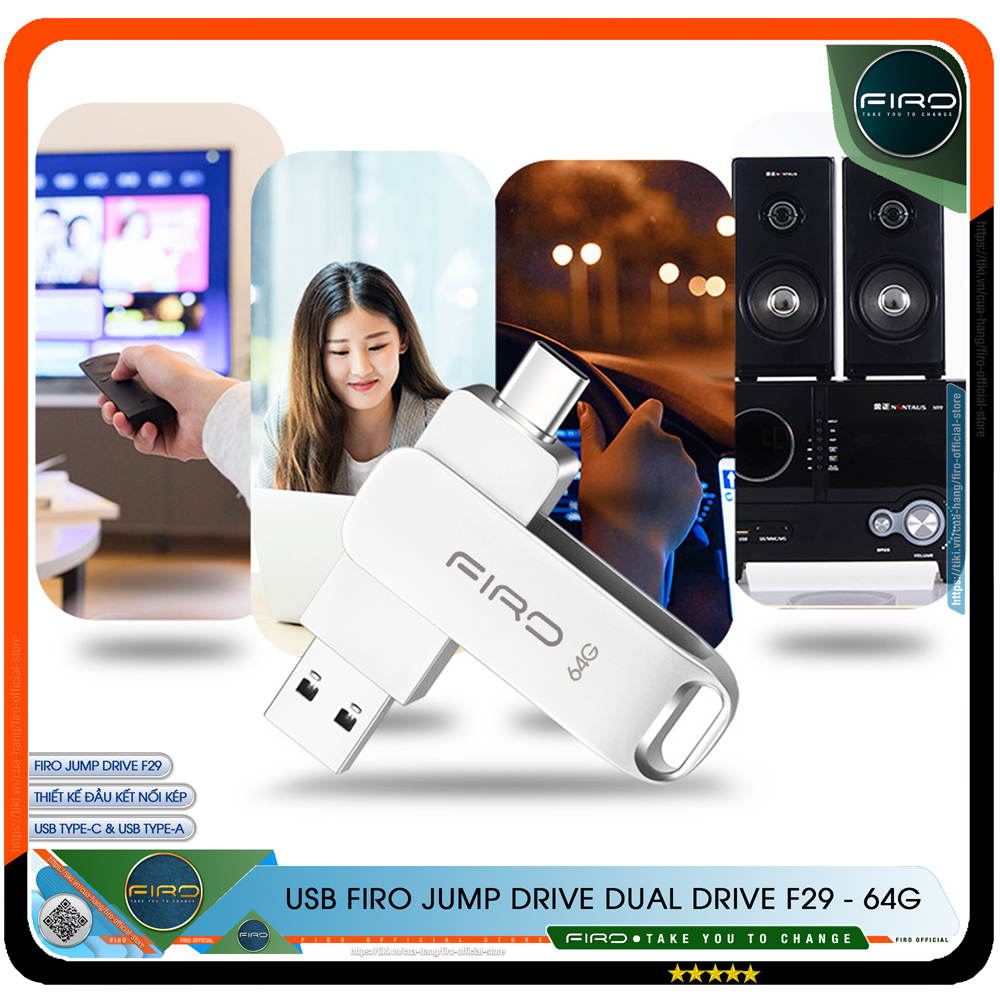 USB FIRO Jump Drive Dual Drive F29 - USB 3.1 32GB / 64GB Đầu Nối Kép Với 2 Cổng USB Type-C Và USB Type-A - Tương Thích MAC / PC Chuẩn Giao Tiếp USB 3.0 Và 2.0 - Tốc Độ Đọc 130Mb/s- Hàng Chính Hãng