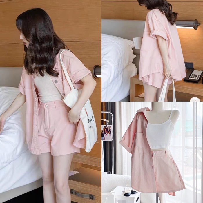 SET ÁO SƠ MI RỘNG HỒNG PHẤN PASTEL + QUẦN NGẮN GIẢ VÁY CHỮ A ỐNG RỘNG LƯNG CAO SUÔNG SHORTS + ÁO 2 DÂY DẠO PHỐ ĐI CHƠI ĐI BIỂN CÔNG SỞ ĐI LÀM