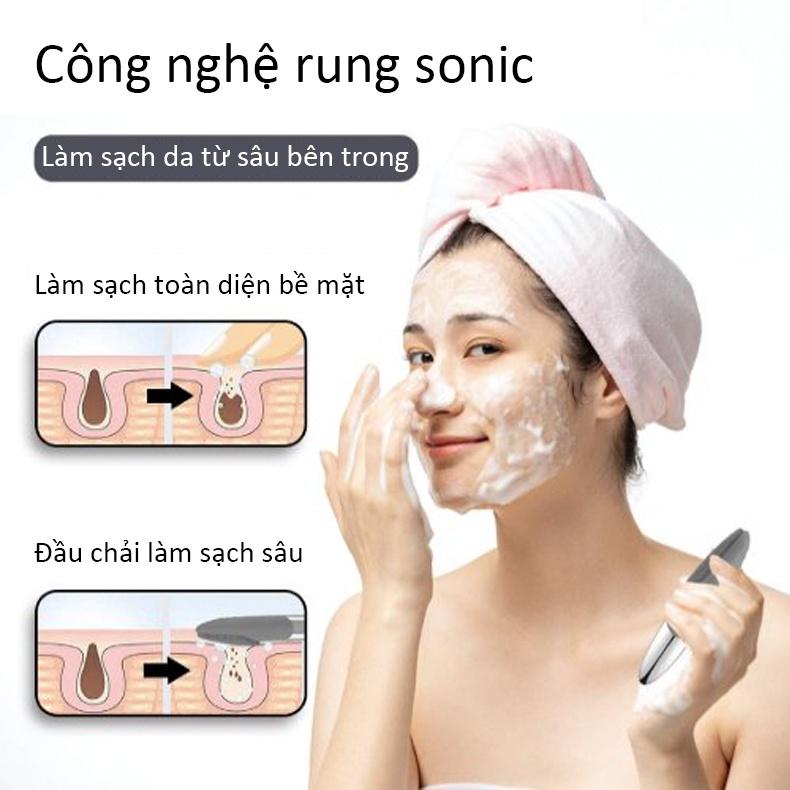 Máy rửa mặt sóng âm cầm tay 3 trong 1 BOORUI 03 : Rung 5 cấp độ massage, đẩy tinh chất, làm sạch sâu và trẻ hóa làn da