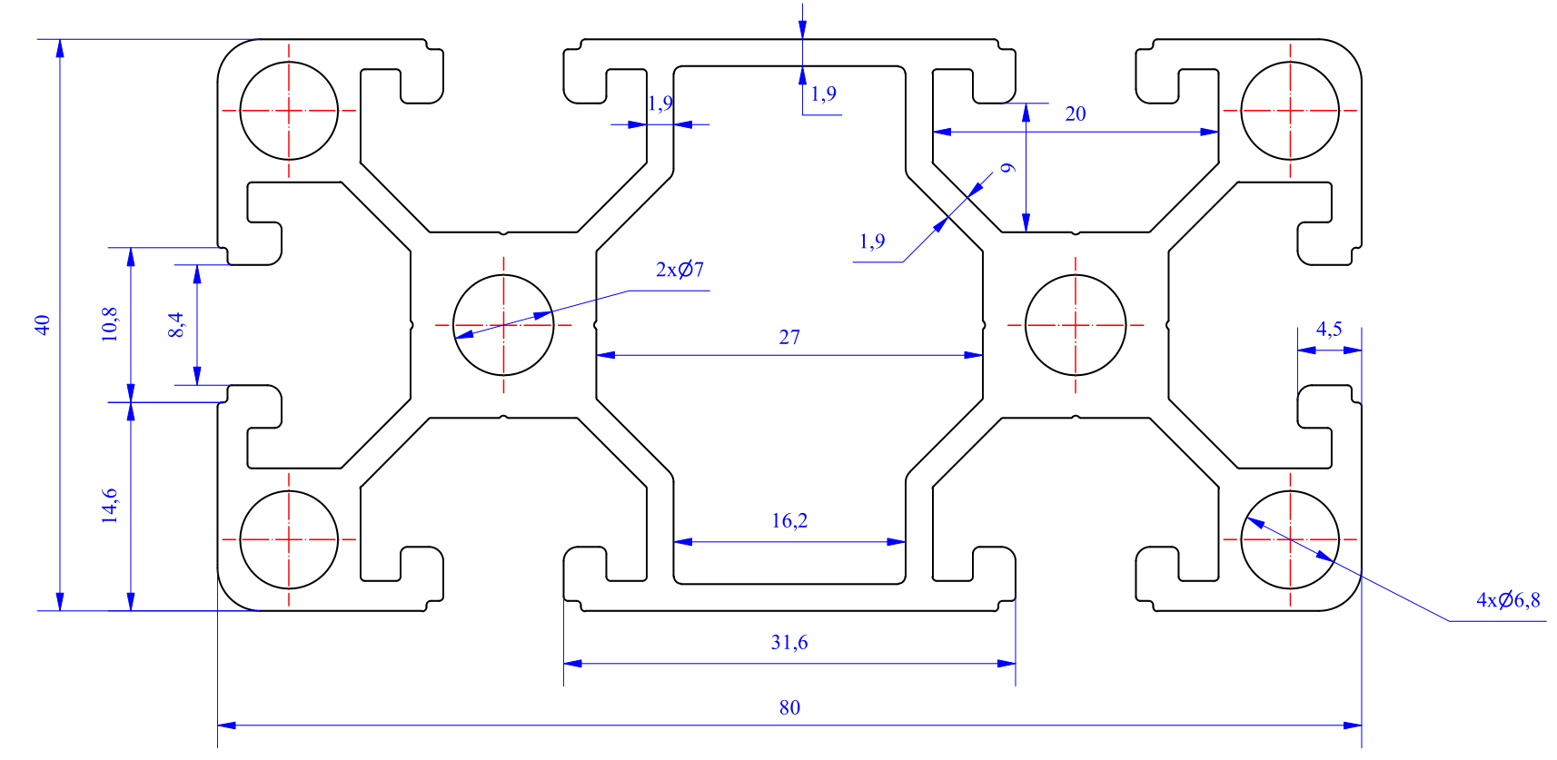 Nhôm định hình 40x80 (LWA-481682747-1) - Miễn phí cắt theo kích thước yêu cầu (Giá đã bao gồm VAT)