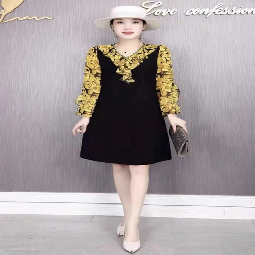 Đầm dáng xòe nữ họa tiết hoa vàng