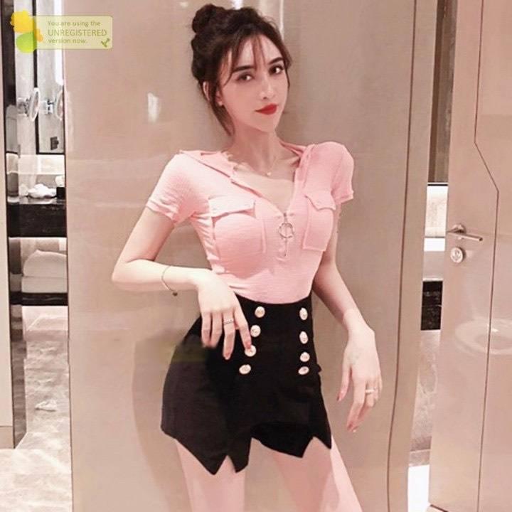 [L2M] Quần short nữ lưng cao tôn dáng PHỐI 8 NÚT xẻ đùi chất kaki co giãn thoáng mát - Đen