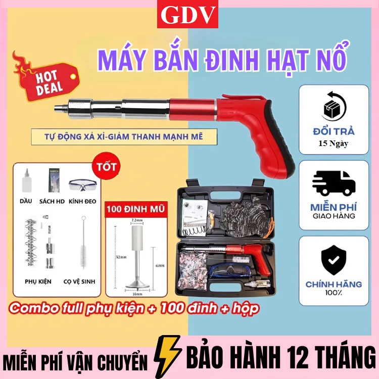 Máy Bắn Đinh Hạt Nổ GDV Kapusi Bắn Đinh Bê Tông Tay Cầm Đỏ - TẶNG KÈM 100 ĐINH, Đóng Đinh Dễ Dàng, Bộ Giảm Thanh Đôi - Hàng Chính Hãng
