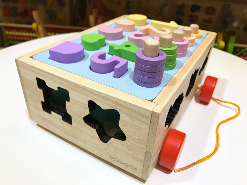 Xe kéo ô tô thả hình khối, con vật, học số và tập đếm xâu hạt đồ chơi gỗ