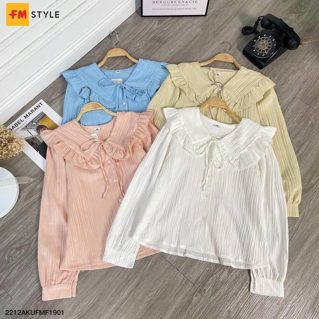 Áo sơ mi nữ Fm Style kiểu xốp sọc gân cổ bèo thắt nơ thời trang thiết kế phong cách tiểu thư xinh xắn 22120820