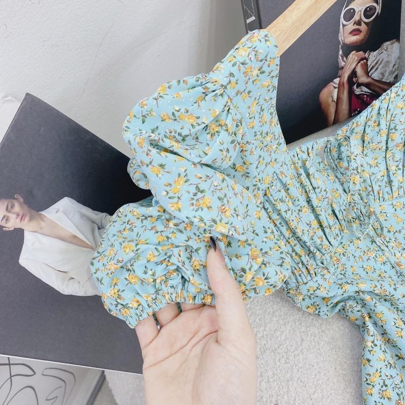 Đầm midi hoa xanh cổ thuyền tay phồng xếp ngực