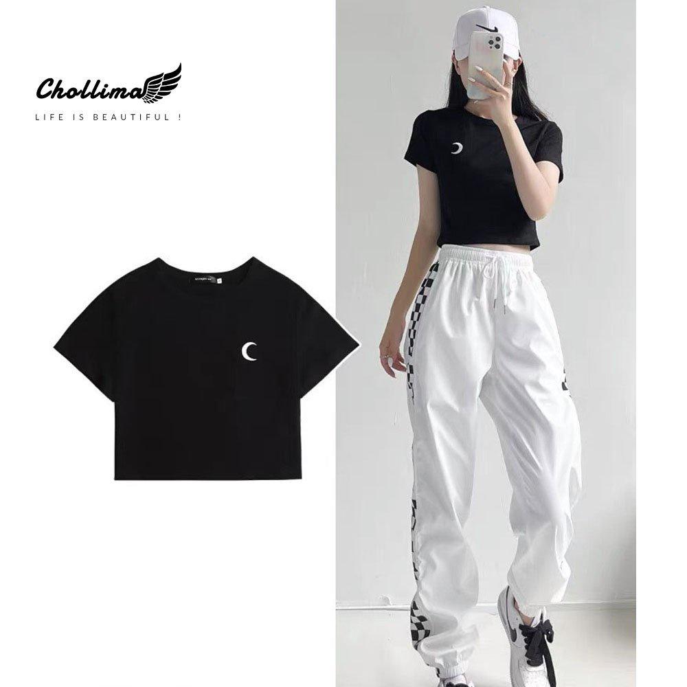 Áo thun croptop tay lỡ Chollima thêu hình MẶT TRĂNG AT452 chất vãi dày dặn co giãn 4 chiều