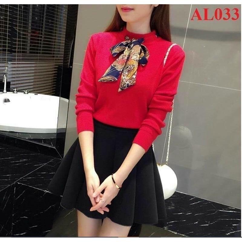 Áo cổ lọ thun gân kèm dây buộc nơ thu đông