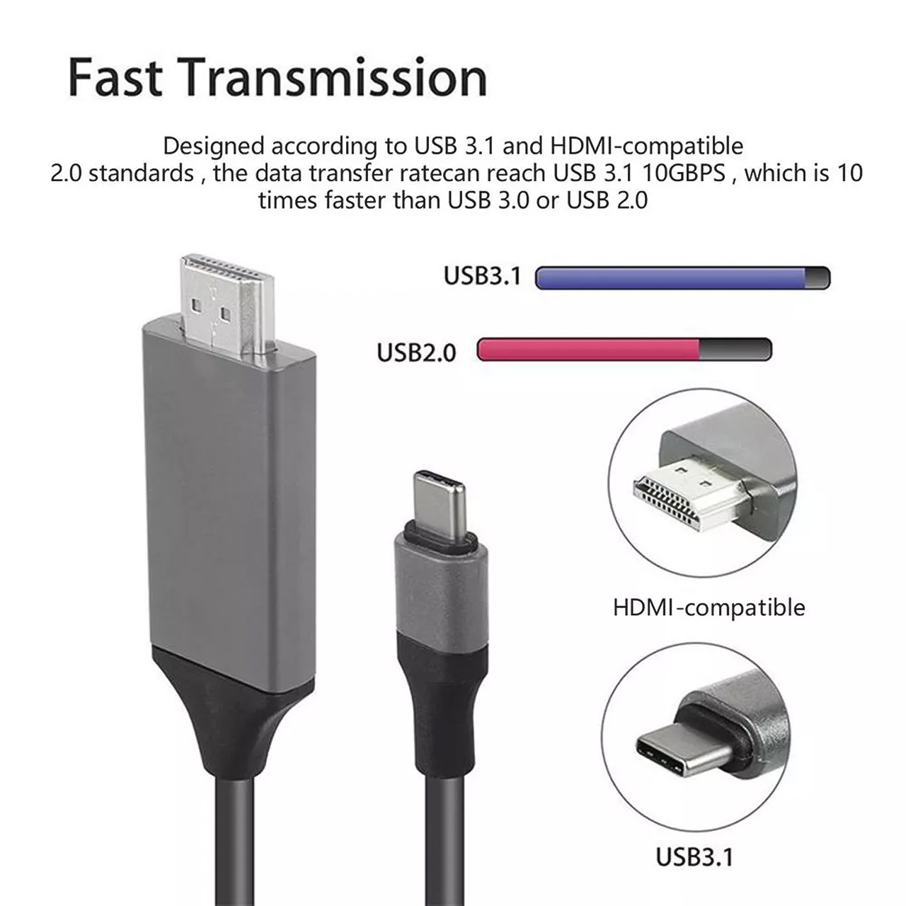 Cáp chuyển usb Type-c ra HDMI dài 1m8 cho Macbook, Surface, Dell, Samsung