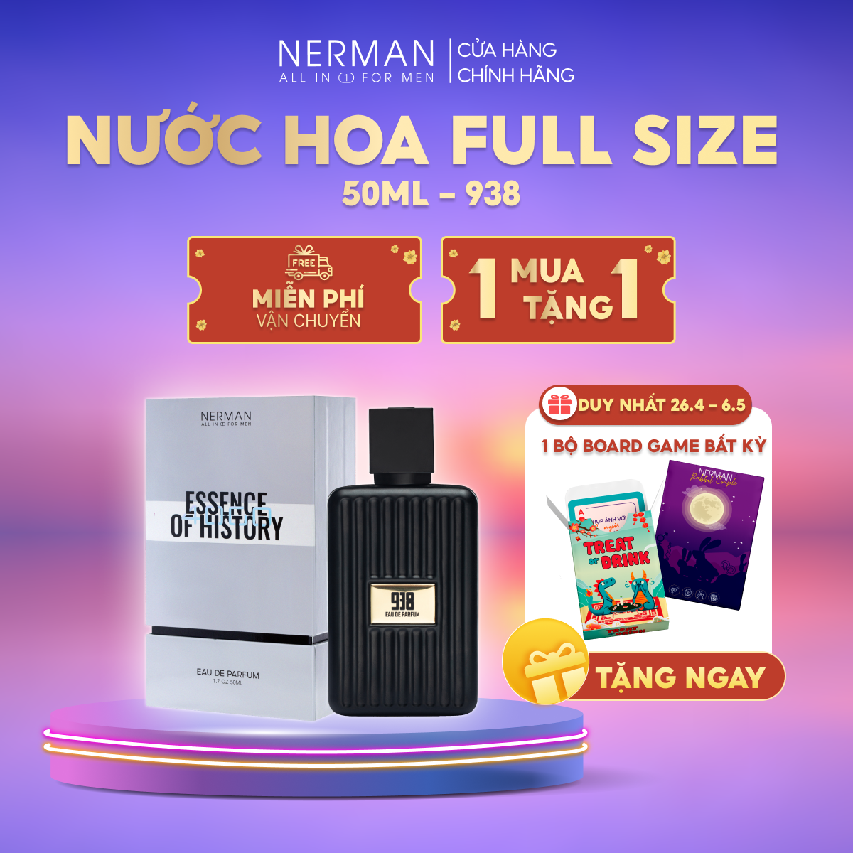 Nước hoa nam chính hãng Nerman - hương thơm nhẹ nhàng, tinh tế thu hút nữ giới, phù hợp đi hẹn hò, đi chơi, đi làm lưu hương tới 8h 50ml