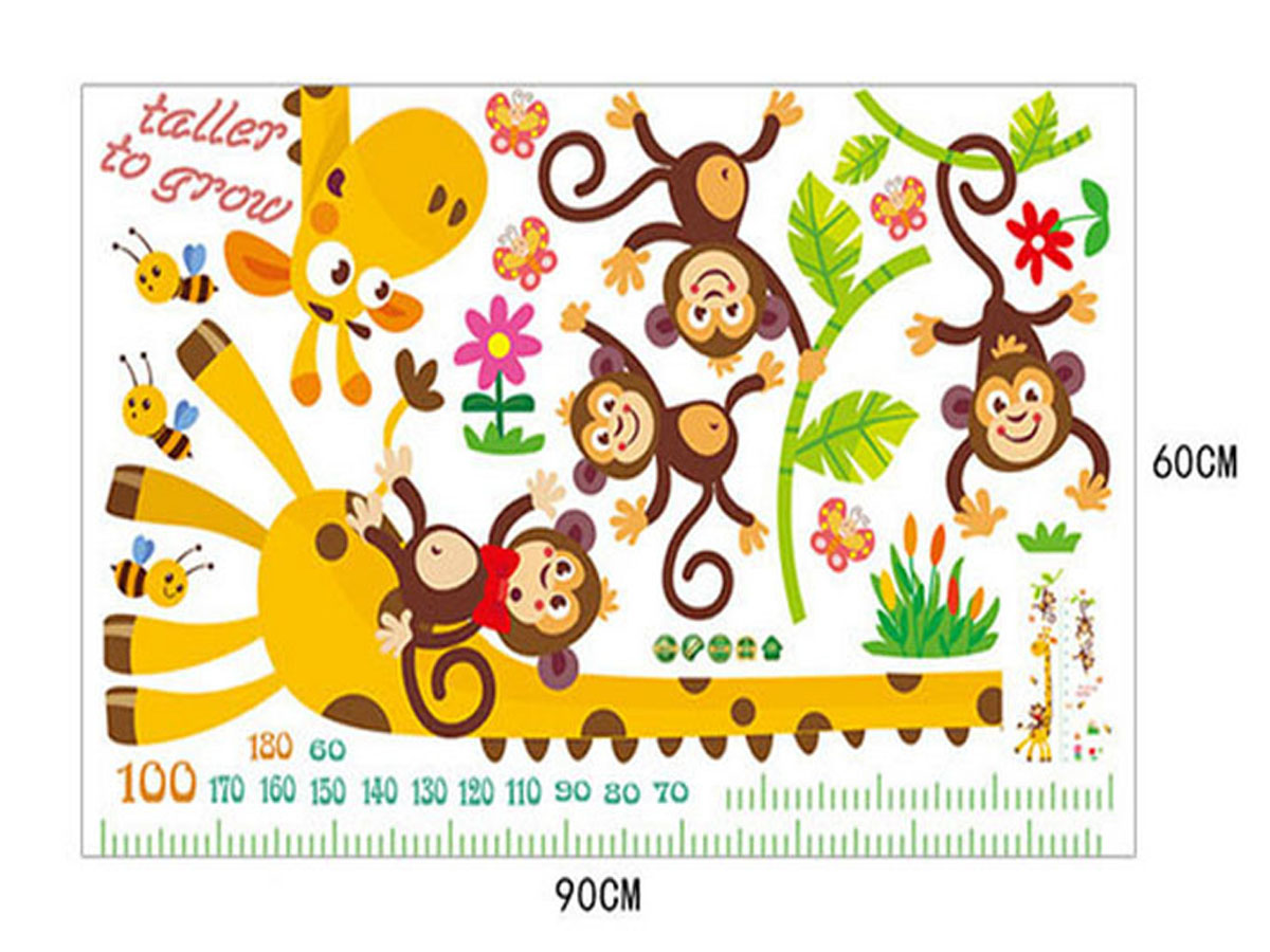 Decal dán tường cho bé thước đo chiều cao ngộ nghĩnh hươu cao cổ và khỉ sk9292