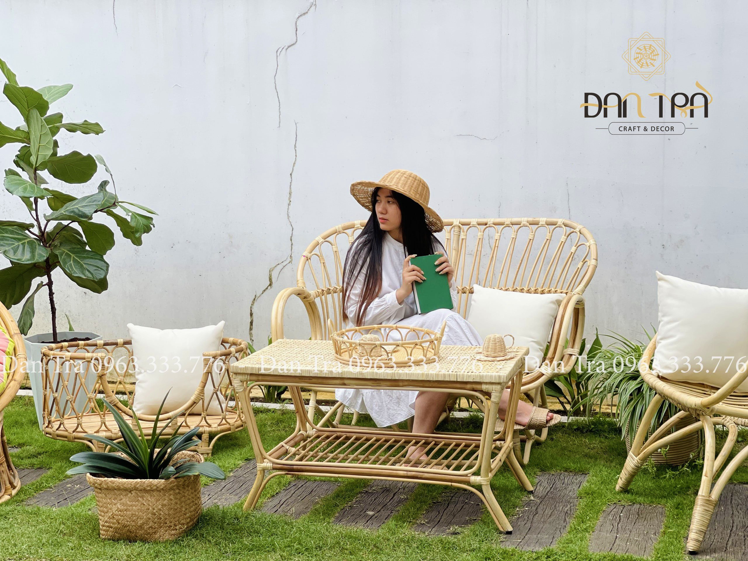 Bộ Sofa Mây Vintage Nhẹ Nhàng, Ghế Băng Mây Vanilla Thư Giãn  -Bộ Bàn Ghế Decor Phòng Khách Nội Thất Mây Tre ĐAN TRÀ