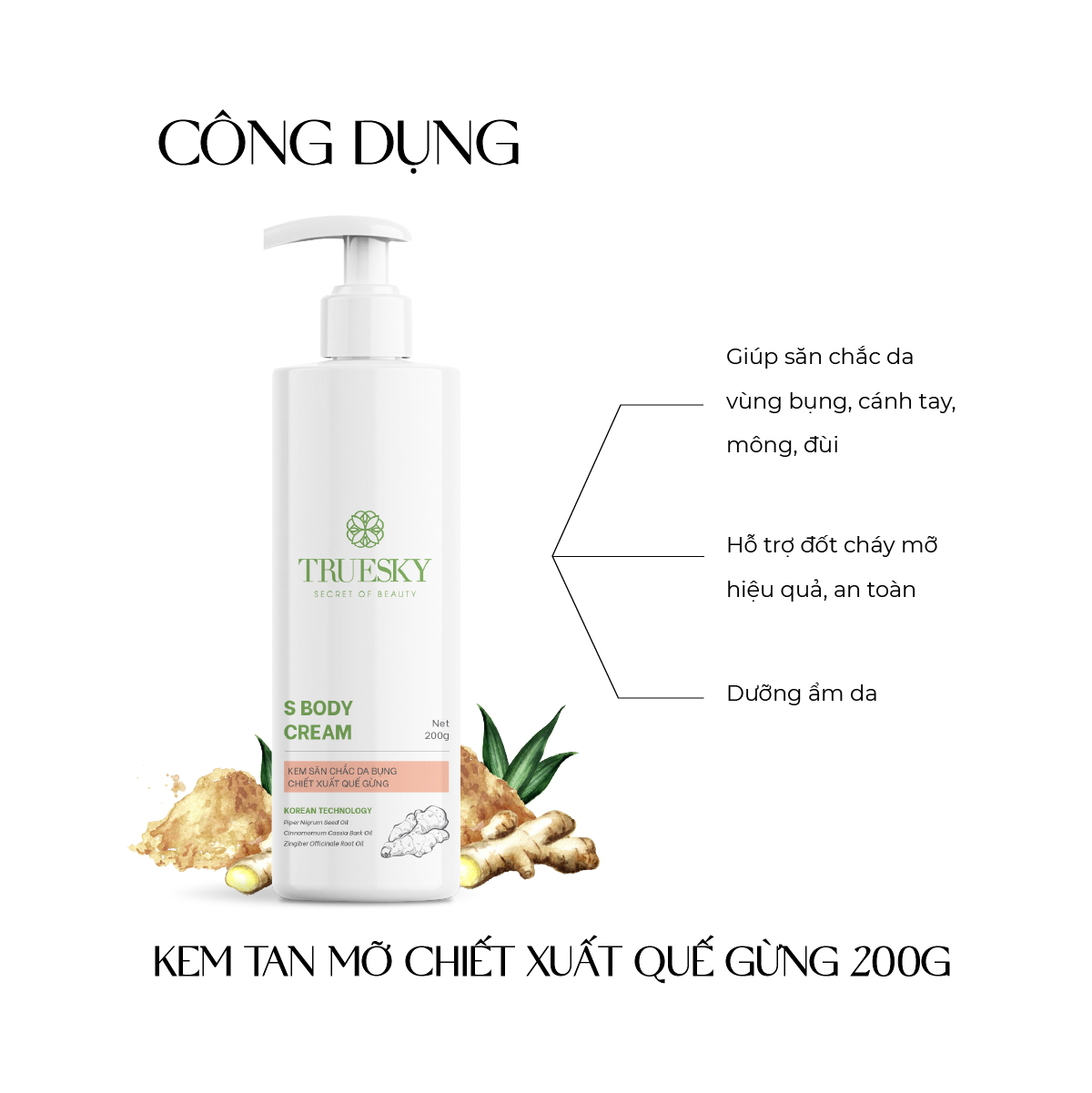 Bigsize - Kem tan mỡ bụng Truesky S Body Cream chiết xuất quế gừng an toàn và hiệu quả 200g