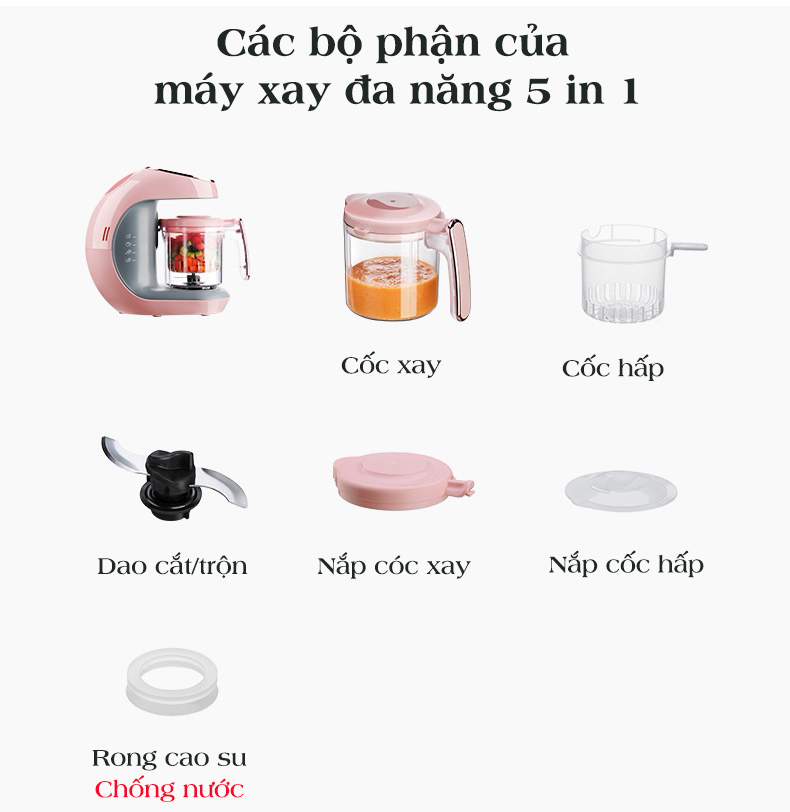 Máy xay hấp nghiền thức ăn  đa năng 5in1 tặng kèm hộp và bác ăn cho bé (HBB-I0201 xanh)