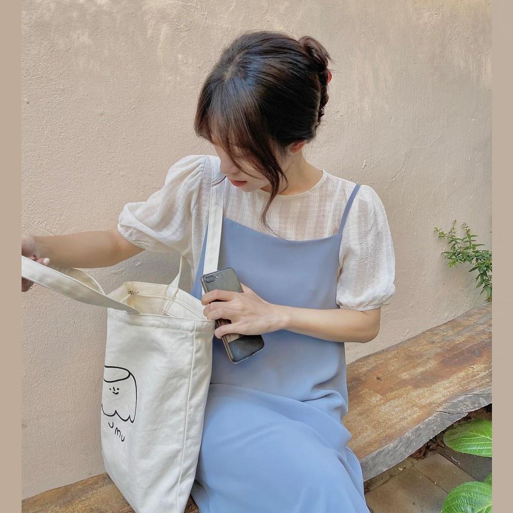 Set váy nữ dáng suông buộc dây eo - yếm kèm áo tay bồng Ulzzang S-Y