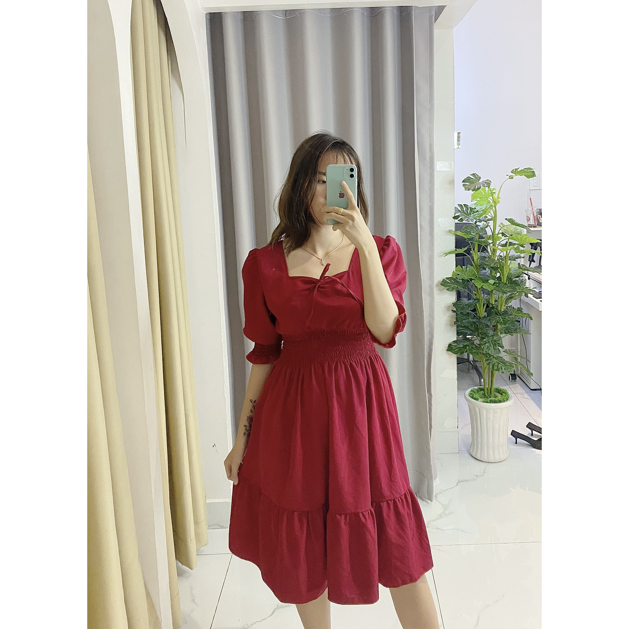 Váy đầm nữ công sở đẹp, váy bo tay cổ vuông, chuẩn form, tôn dáng, nhẹ nhàng thoải mái V009
