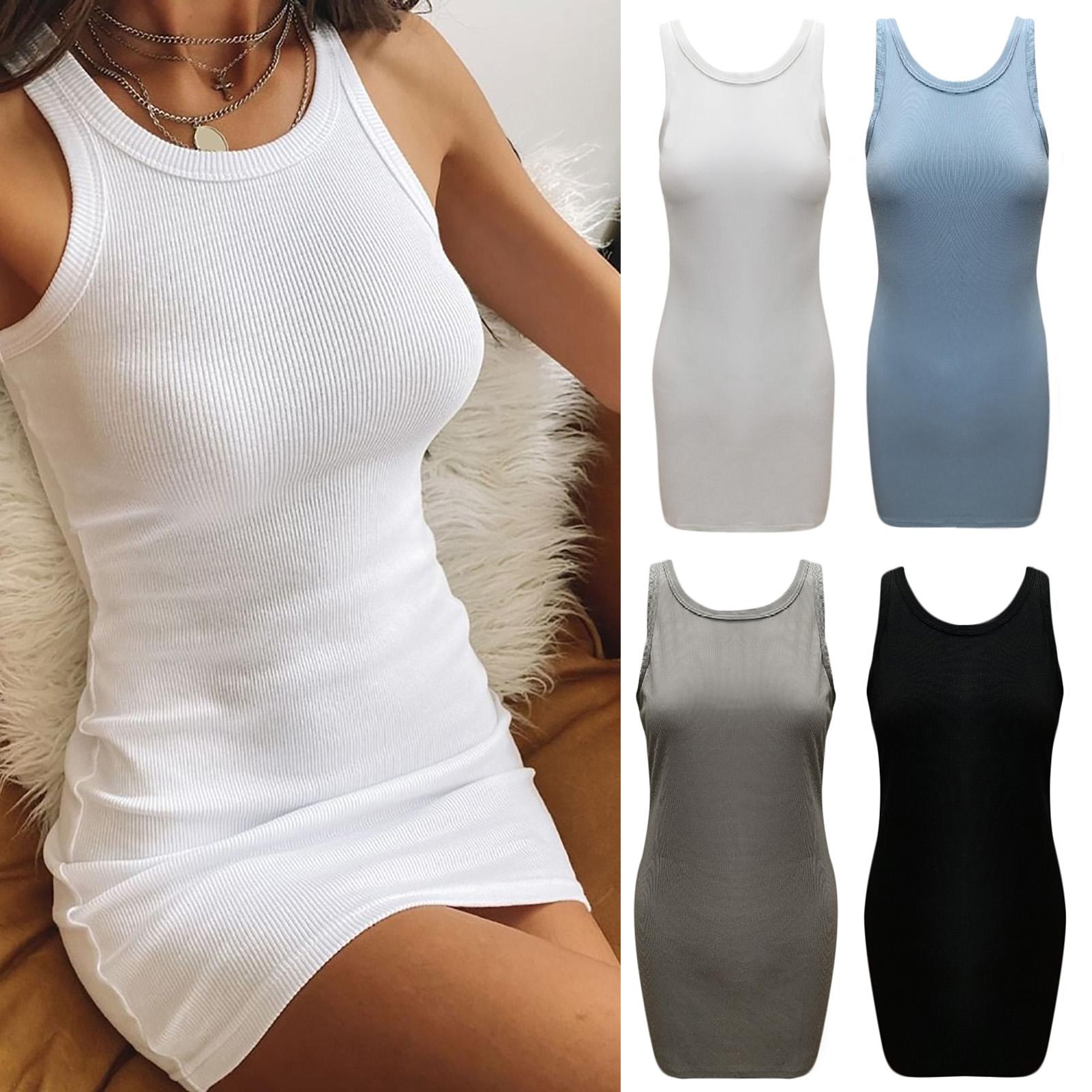 Women Sleeveless Mini Dress Stretchy Ribbed Tank Dress Solid Bodycon Party Clubs Dress