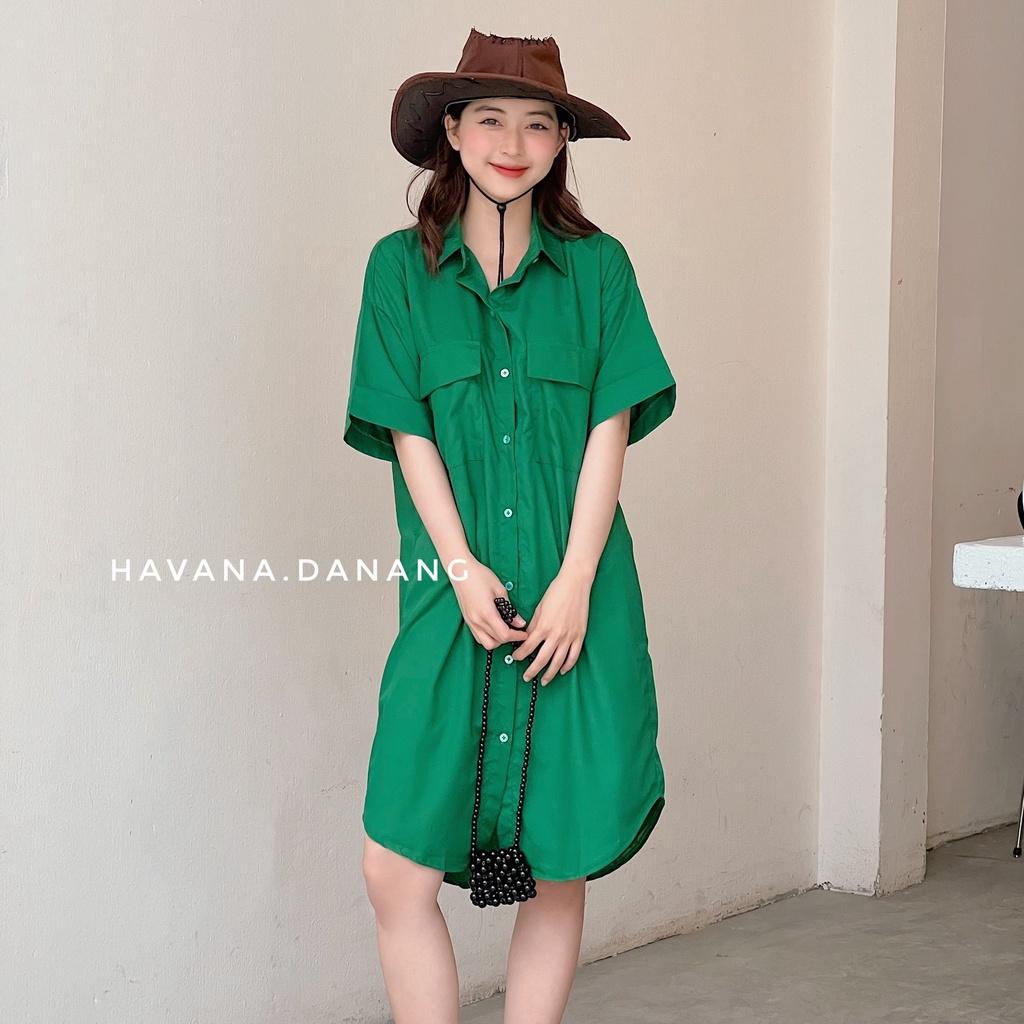 Đầm sơ mi tay cộc, sơ mi hai túi freesize form rộng