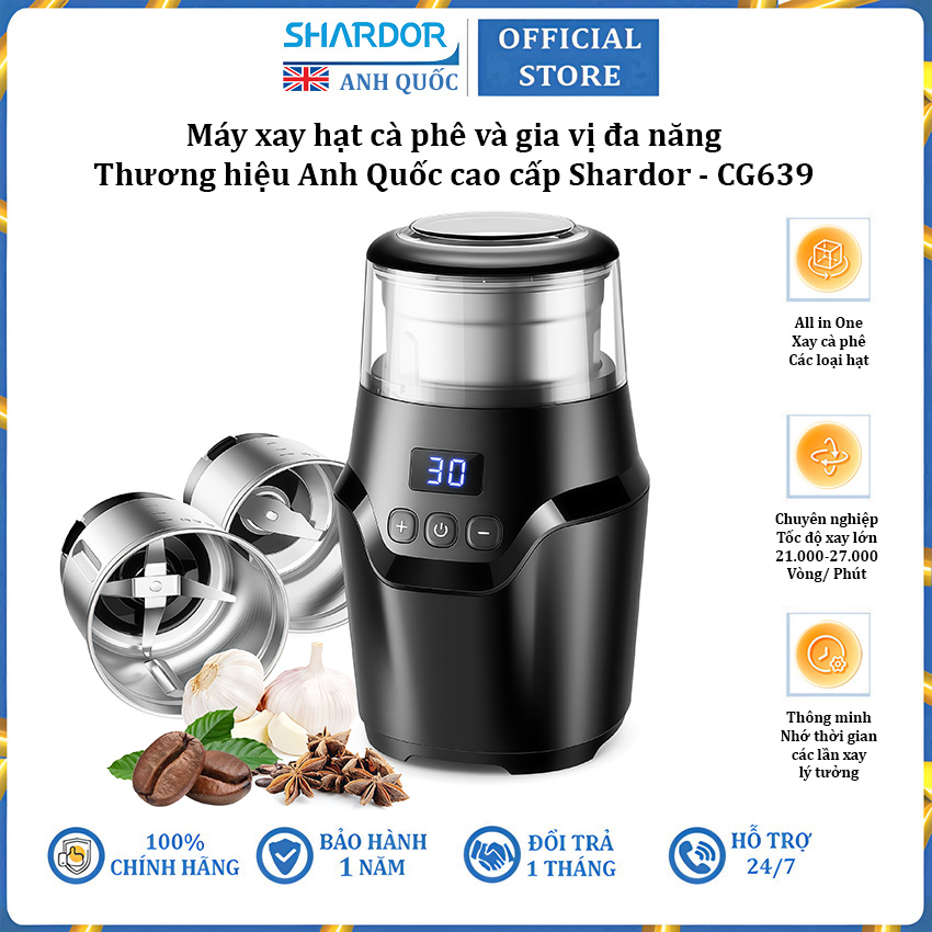 Máy xay hạt cà phê và gia vị đa năng thương hiệu Anh Quốc cao cấp Shardor CG639 điều chỉnh độ mịn - Hàng chính hãng