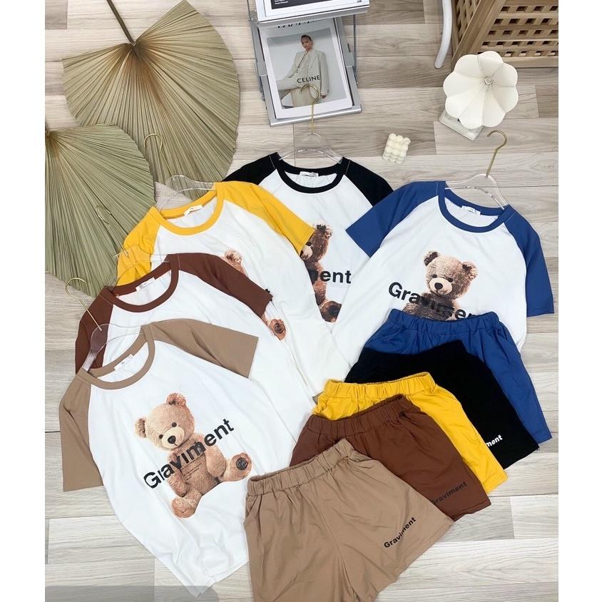 Bộ mặc nhà hot hit thun,phông cotton mát in hình gấu nâu phối tay