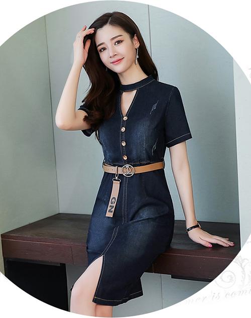Đầm Jean Nữ Xẻ Ngực Đính Nút Thời Trang