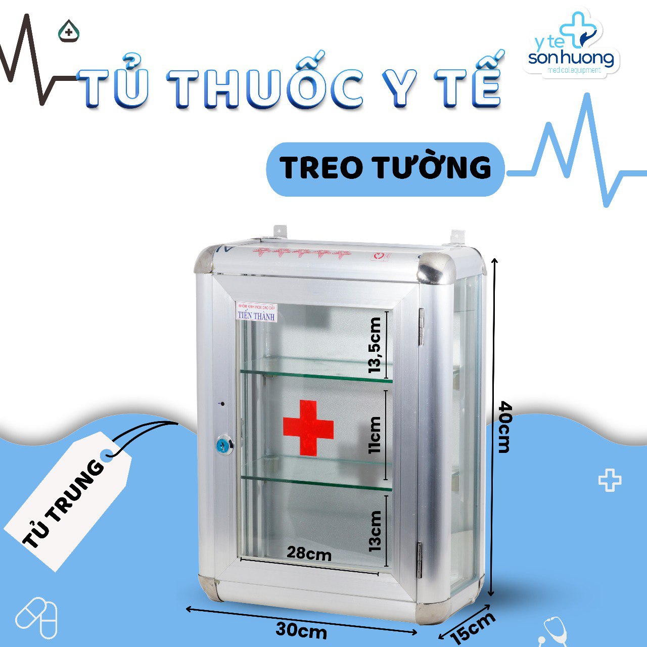 Tủ thuốc y tế gia đình treo tường size 40 x 30 x 15cm