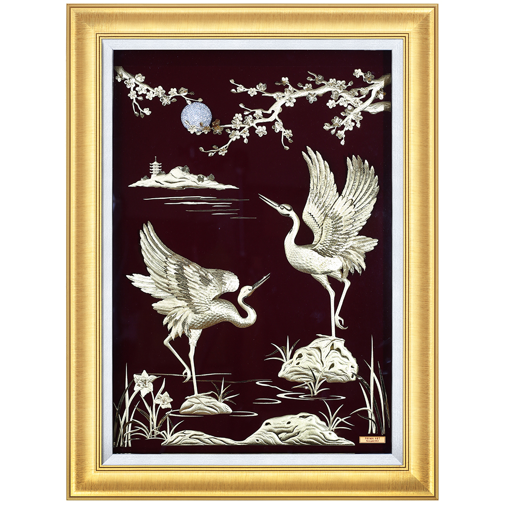 Tranh Vàng 24K PRIMA ART - Hình đôi chim Hạc & Trăng và Cành Mai - Kích thước 60 x 77 cm - MGS-0033-01