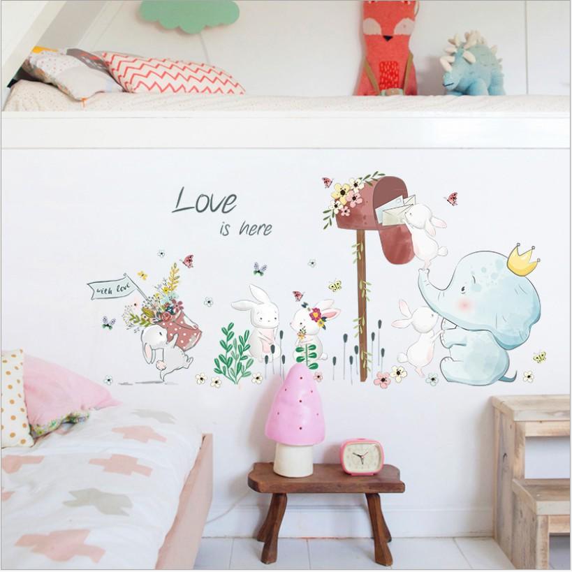 Decal trang trí tường - Khu Vườn Thỏ Trắng Voi xanh màu nhạt