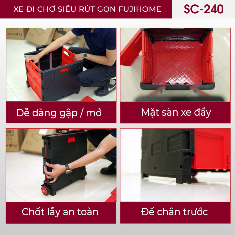 Xe đẩy hàng gấp gọn đi chợ 2 bánh Nhật Bản FUJIHOME, xe kéo hàng đi chợ gấp gọn mini siêu thị đa năng dùng cho ô tô