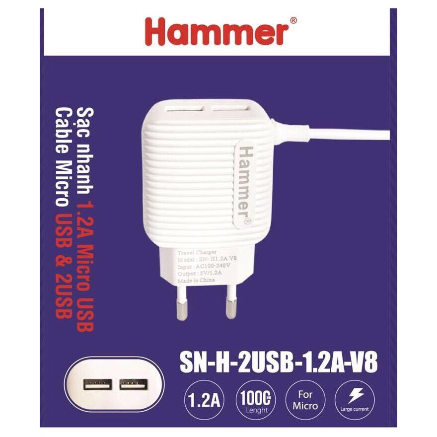 Sạc liền dây Hammer 1.2A, 2 CỔNG USB - Hàng chính hãng