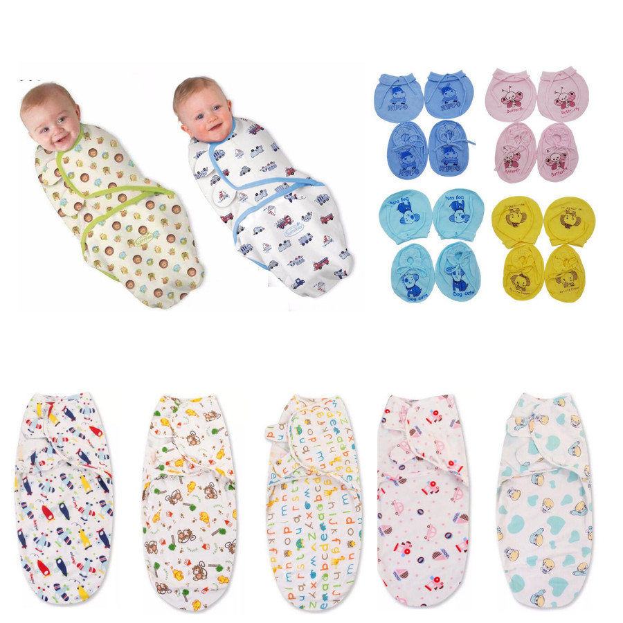 Combo sơ sinh gồm 1 khăn quấn ủ sơ sinh cotton & 1 đôi bao tay chân rút cotton màu nhạt