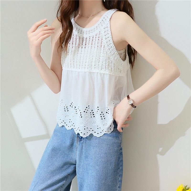 Áo kiểu nữ cổ yếm sợi móc mix vải thô boi viền hoa phong cách Hàn Quốc