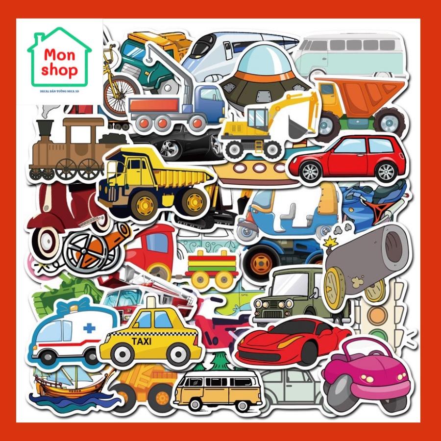 Set 50 Sticker Decal Chống Nước hình ô tô, siêu xe, ufo, robot Dễ Thương Dán Nón BH, laptop, vali, xe, tập vở