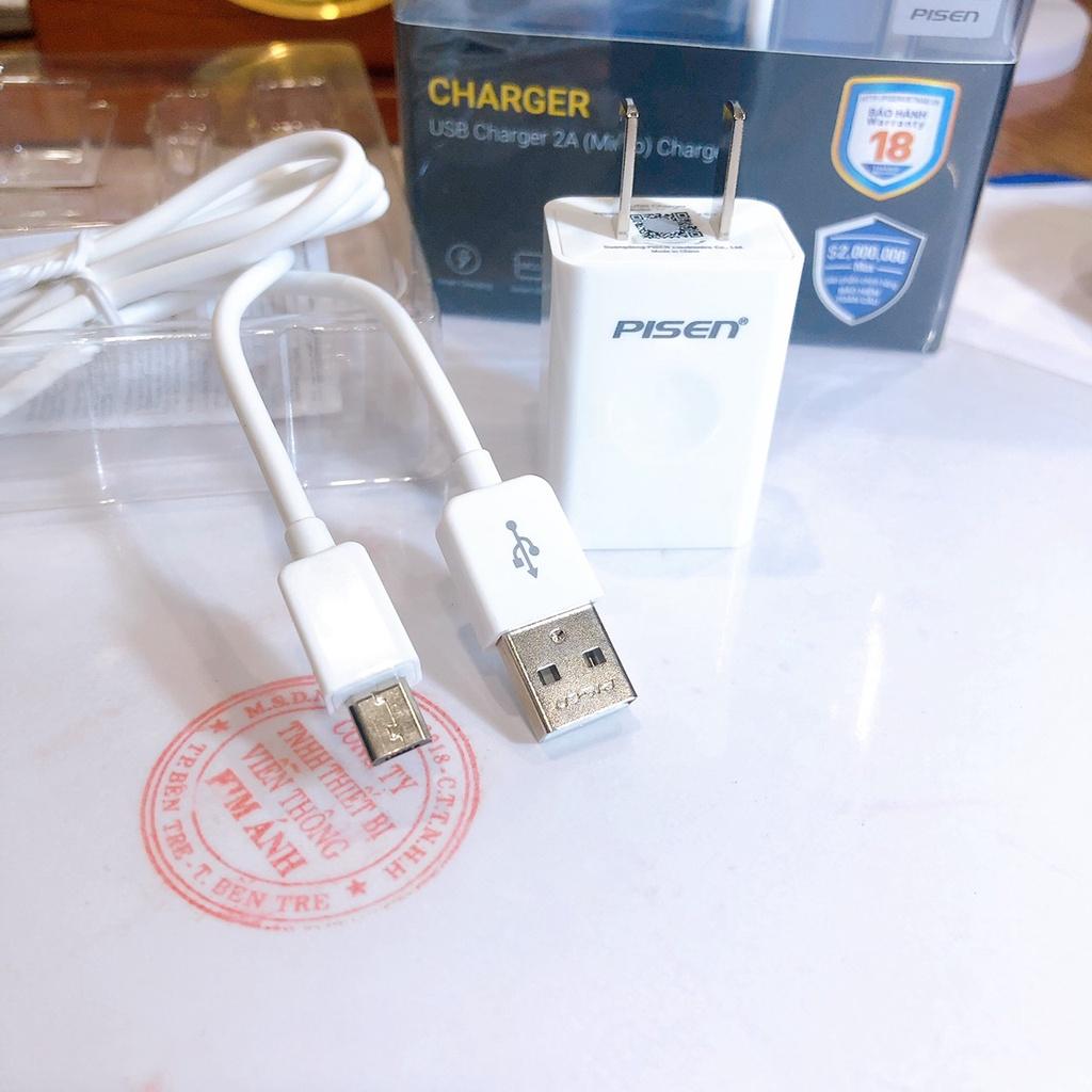 Bộ sạc nhanh PISEN USB Charger 2A ( Micro)- TS-C122, kèm cáp sạc điện thoại Micro (Micro) Trắng, Hàng chính hãng