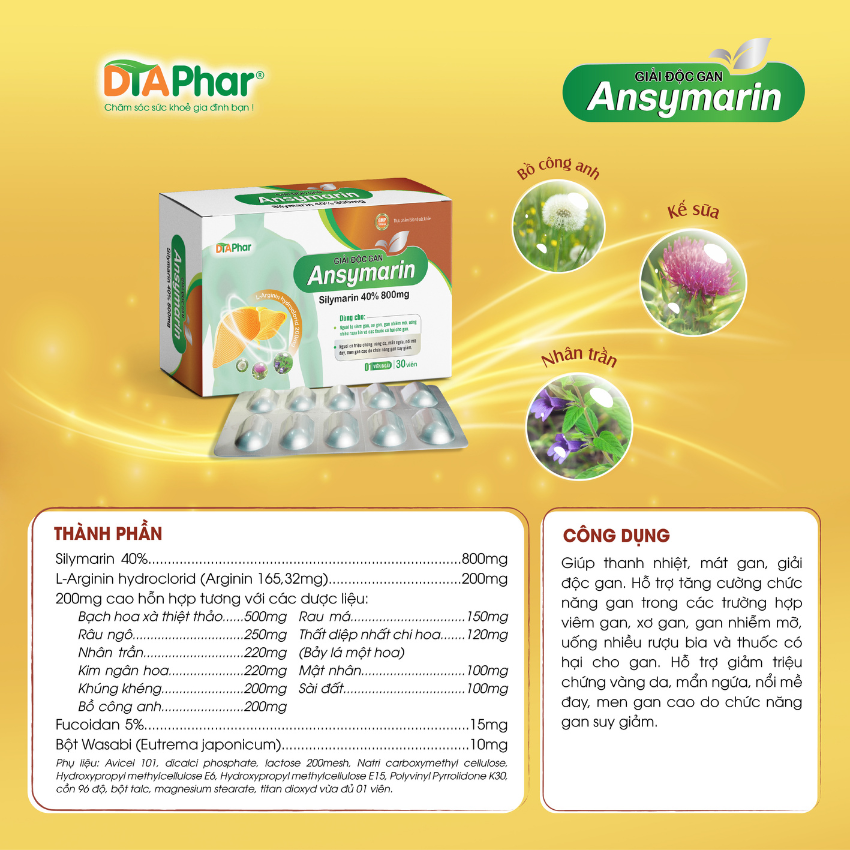 Viên uống Giải Độc Gan Ansymarin giúp thanh nhiệt mát gan. Hỗ trợ tăng cường chức năng gan Hộp 30 viên