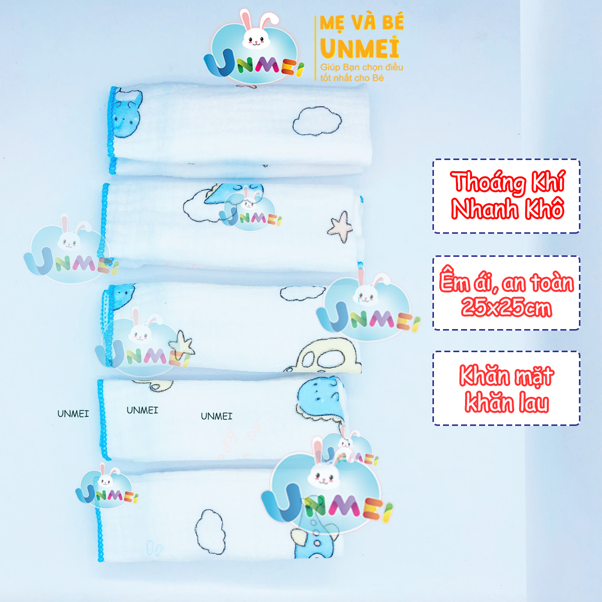 Set 5 Khăn Sữa, Khăn Xô Sữa Muslin TOP KIDS 4 lớp thấm hút,mềm mại dành cho sơ sinh (size 25x25cm)- tại UNMEI