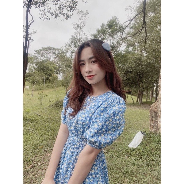 Đầm hoa nhí tay phồng bo eo co dãn