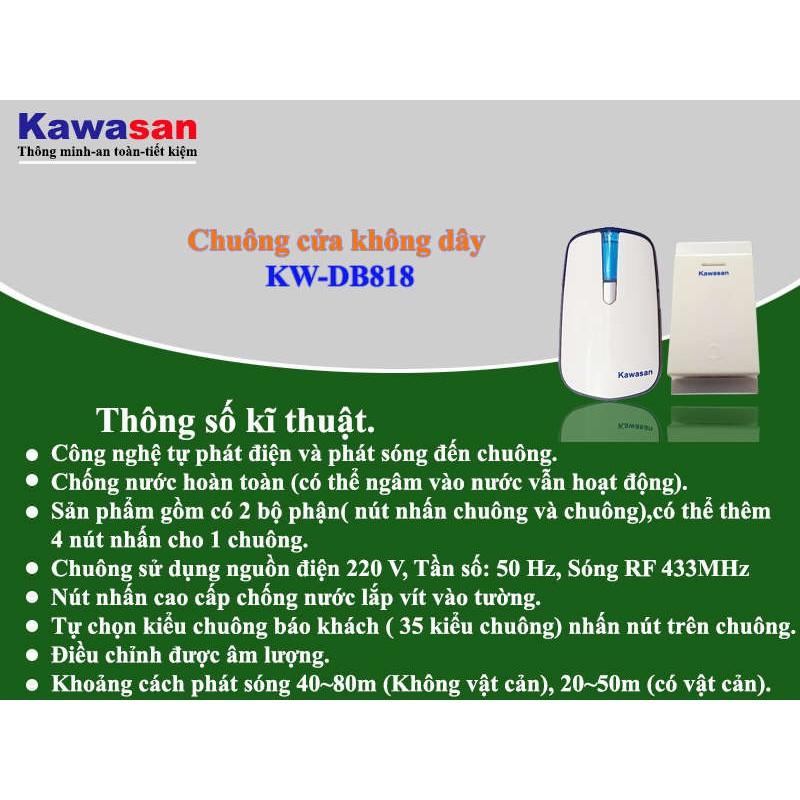 Chuông Cửa Không Dây Kawasan DB818 - Nút Nhấn Không Cần Pin - Ngoài Trời Chống Nước - Chính Hãng