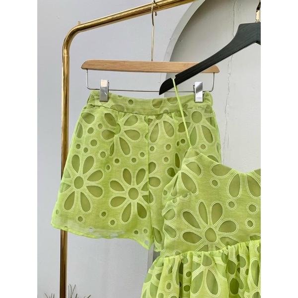 Set áo ren peplum 2 dây quần short xanh